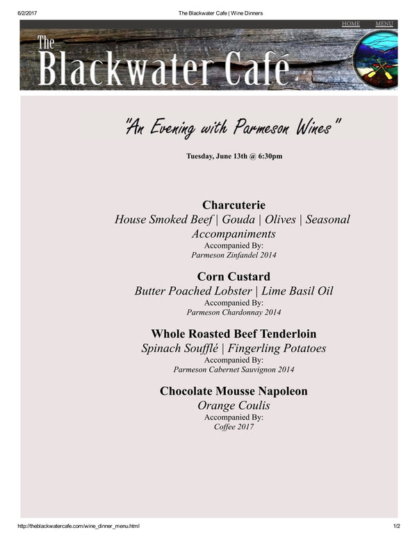 Wine Dinner | June 13th | Blackwater Cafe | Moneta, VA